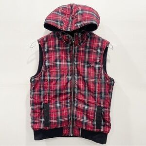 Hurley Red Plaid Puffer Vest Jacket Hooded Ribbed Knit Trim Women’s Large